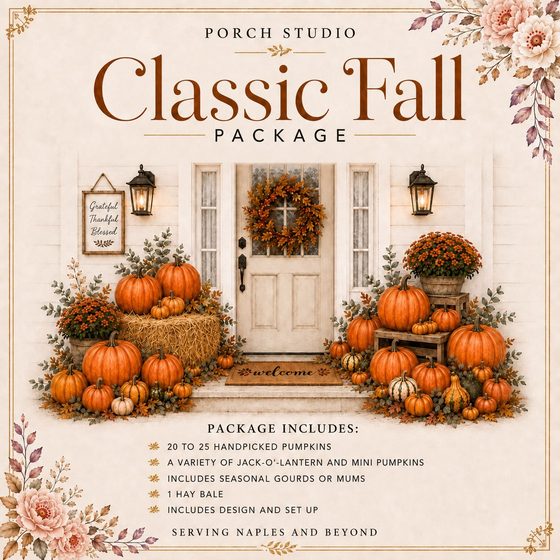 Classic Fall Package graphic: a cream door with an autumn wreath, lanterns, a hay bale and layered orange pumpkins.