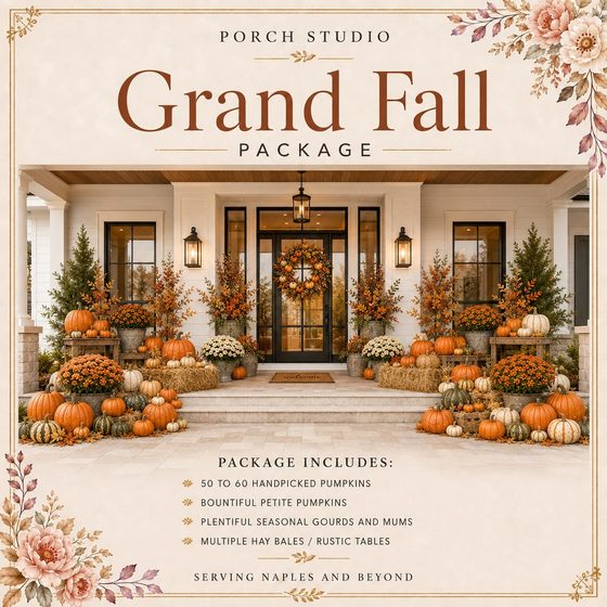 Grand Fall Package graphic: a grand entry flanked by planters, hay bales and an abundant spread of pumpkins.