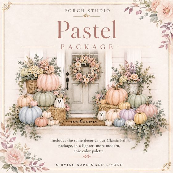 Pastel Fall Package graphic: a pale door framed by blush florals with pastel pink, sage and cream pumpkins.