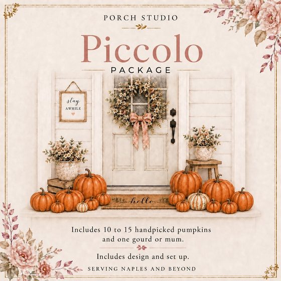 Piccolo Package graphic: a white cottage door with a floral wreath and a cluster of orange pumpkins on the step.