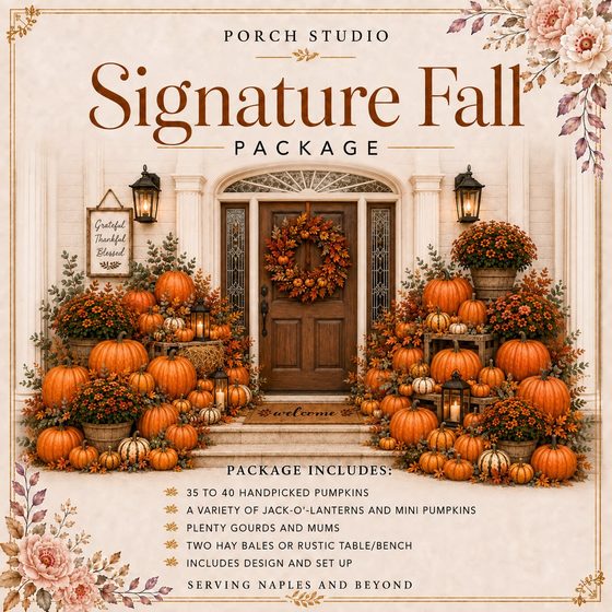 Signature Fall Package graphic: an arched wood door with a full autumn wreath, mums and a deep bank of pumpkins.