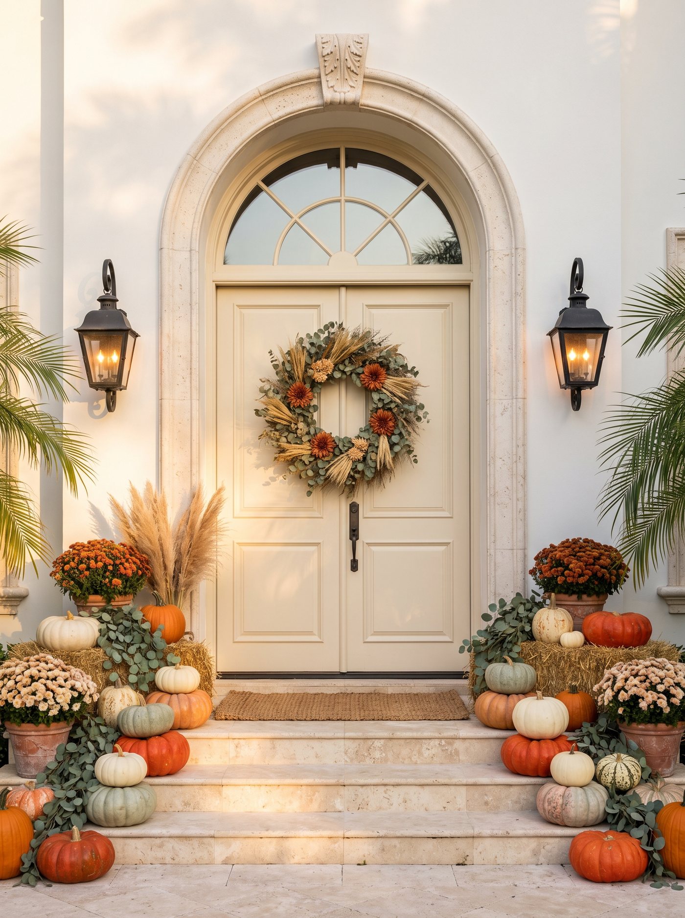 A Naples front entrance styled for fall: arched cream double doors with a dried eucalyptus and dahlia wreath, iron lanterns lit at golden hour, and layered orange, white and pale green pumpkins with mums and hay bales across the travertine steps.